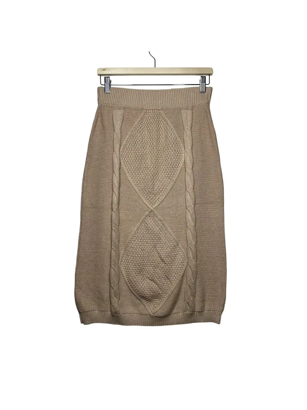 Polagram Cable Knit Midi Sweater Skirt PSW2919 Beige Tan Sz L Cozy Stretch Knit